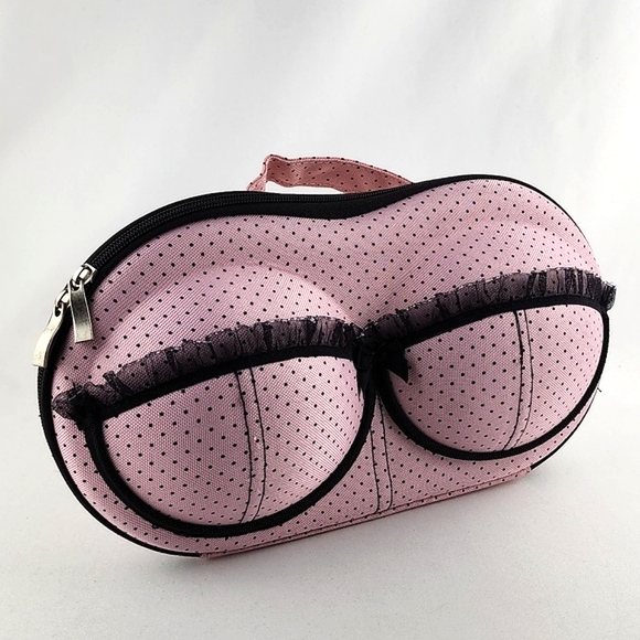 ⭐️3/ $30⭐️ Hard Bra Case Travel Carrier Portable Pink Black Polka Dots Lace - Picture 1 of 12